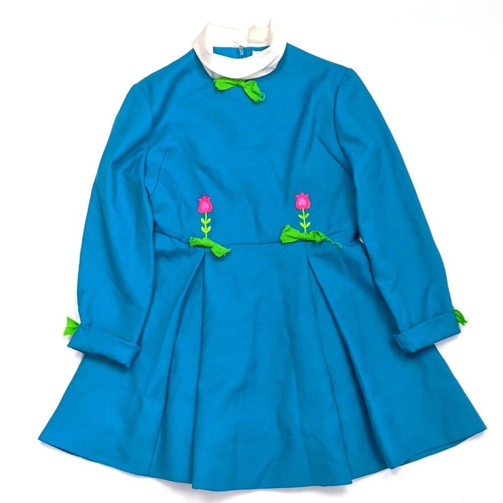Vintage Ruth of Carolina Dress Girls Size 7-8 Teal Pleated Mock Neck